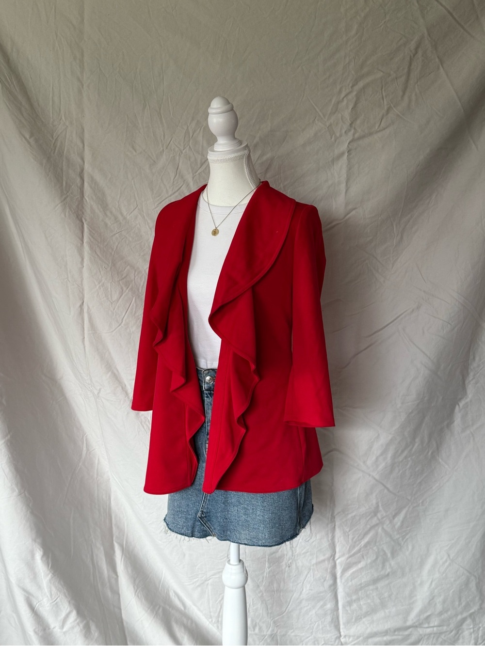 Calvin Klein Red Ruffle Open-Front Jacket - Picture 4 of 8